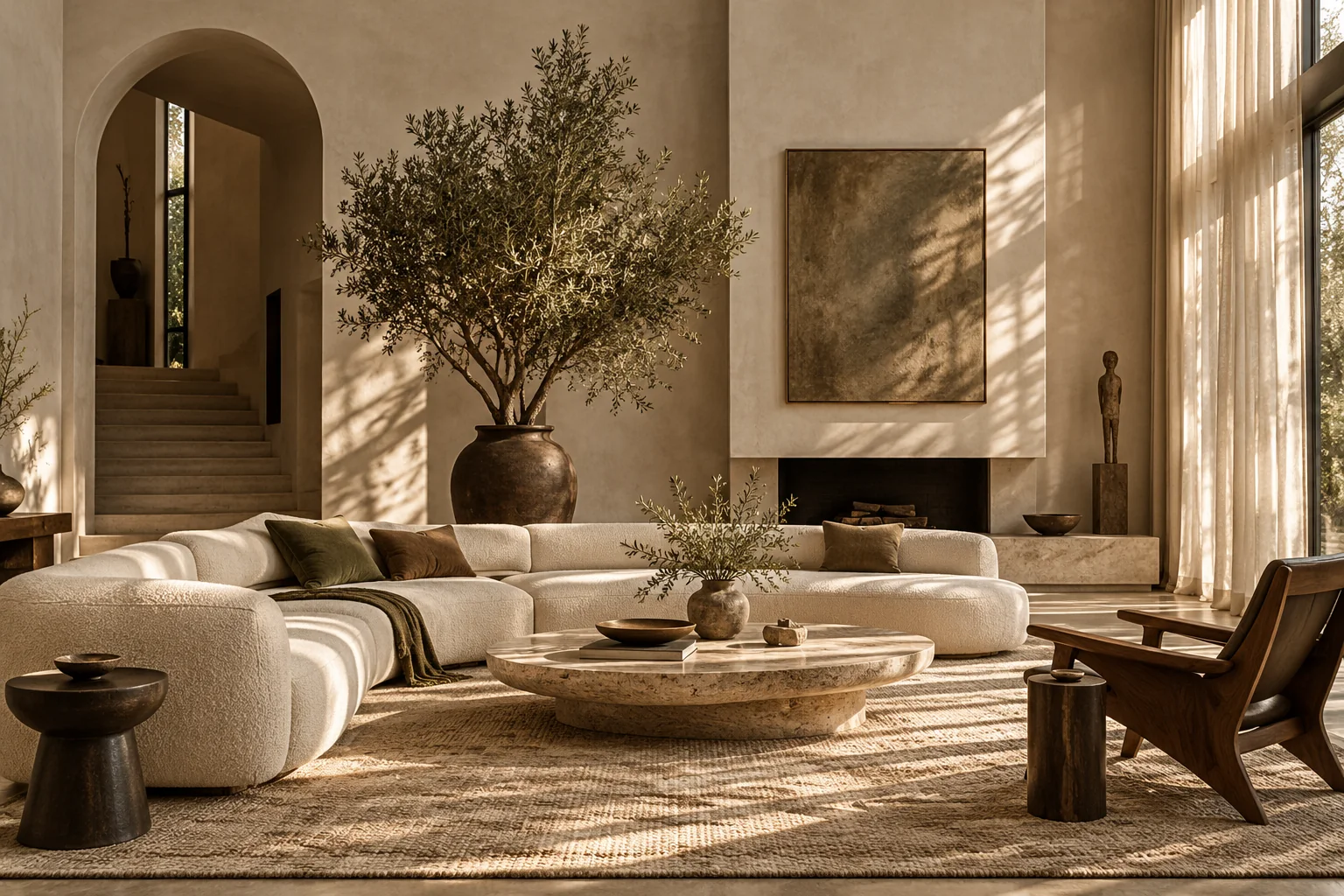 An imagined warm living room with sculptural furniture and natural materials